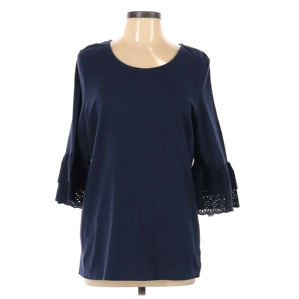 Leo & Nicole Women's Blouse Shirt Top Bell Sleeves Eyelet Navy L